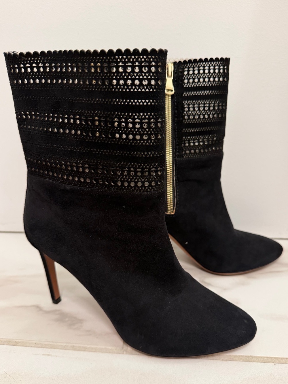 ALAIA Black Suede Stiletto Ankle Boots with Laser-Cut Detail | US 7.5 / EU 37.5